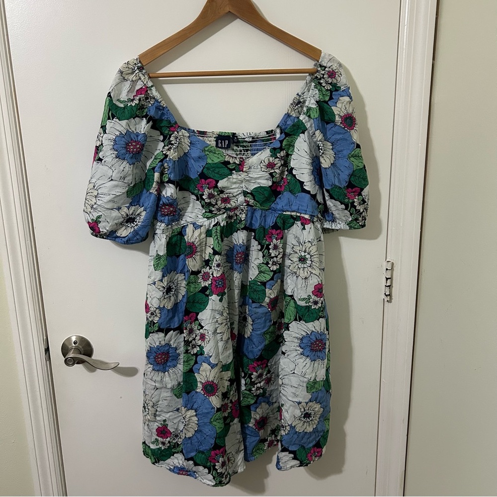 GAP | Floral Puff Sleeve Mini Dress - Blue, Green, Pink, White | Size Medium